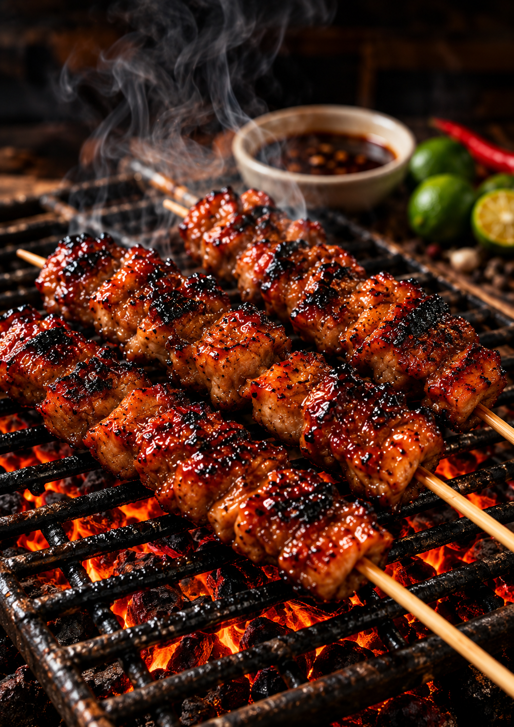 Freshly grilled BBQOMBOY barbecue skewers